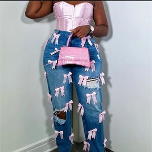 Women's Blue Jeans with Pink Bows